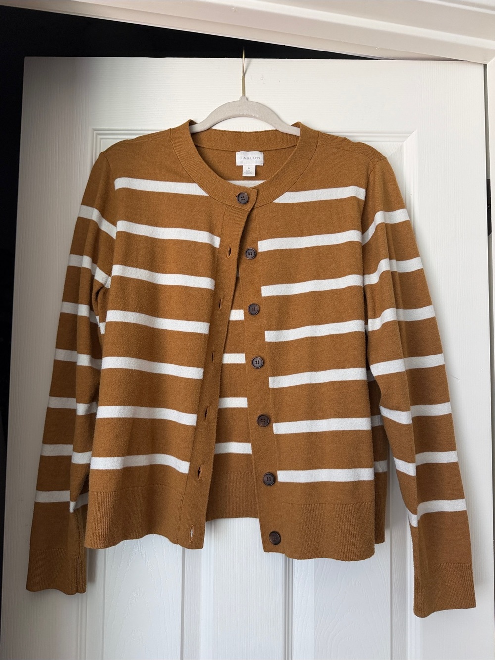 Caslon Brown and White Striped Button-Front Cardigan